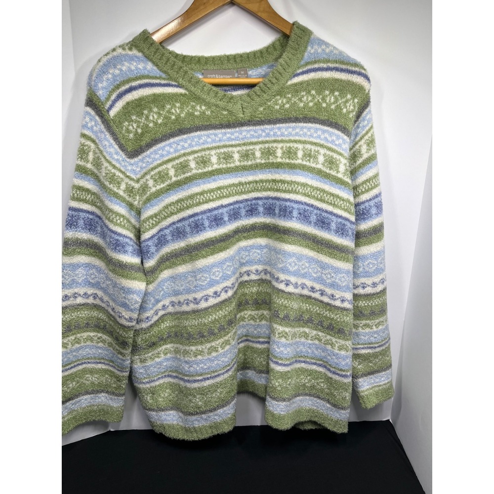 Croft & Barrow Womens 1X Green Blue Fair Isle Eyelash Knit V-Neck Sweater